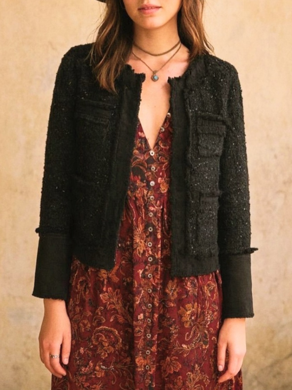Nanette Lepore Tweed Jean Fringe-Trim Jacket L